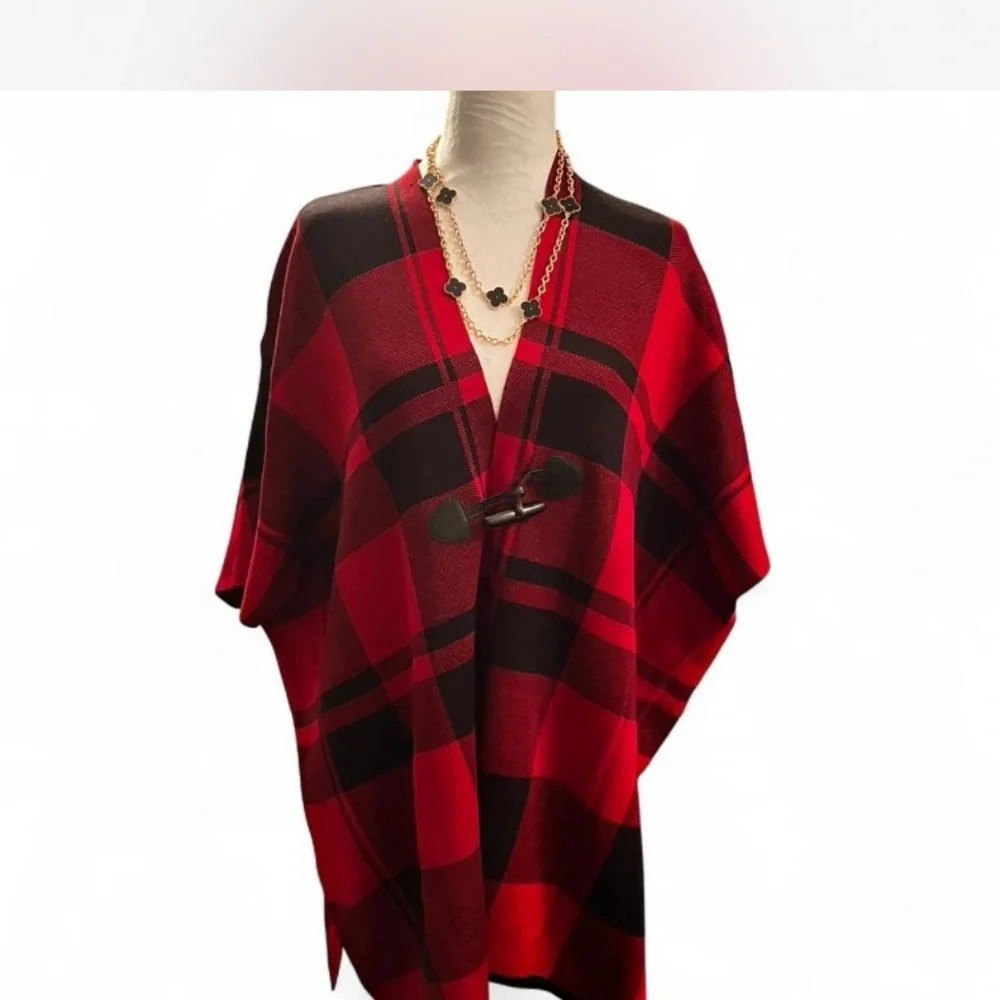 Tommy Hilfiger Chic Red and Black Plaid Poncho toggle closure.
